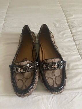 Coach Brown Logo Canvas and Black Patent Trim Loafers